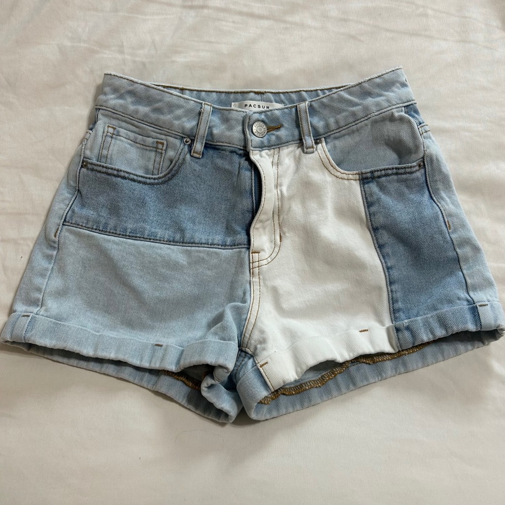 PacSun Colorblock Denim Shorts Light Wash Blue White High Waisted Cotton 24